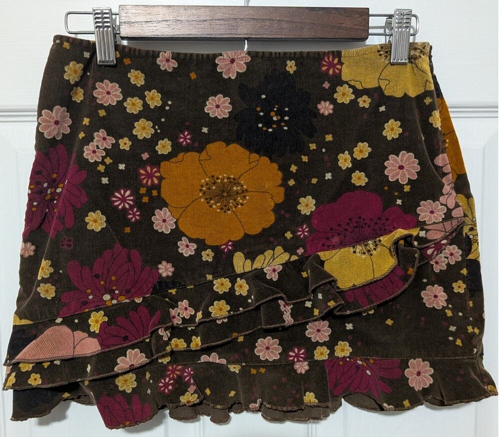 Sisley Floral Corduroy Mini Skirt Ruffle Asymmetrical Retro 70s IT 40 US 4 Small